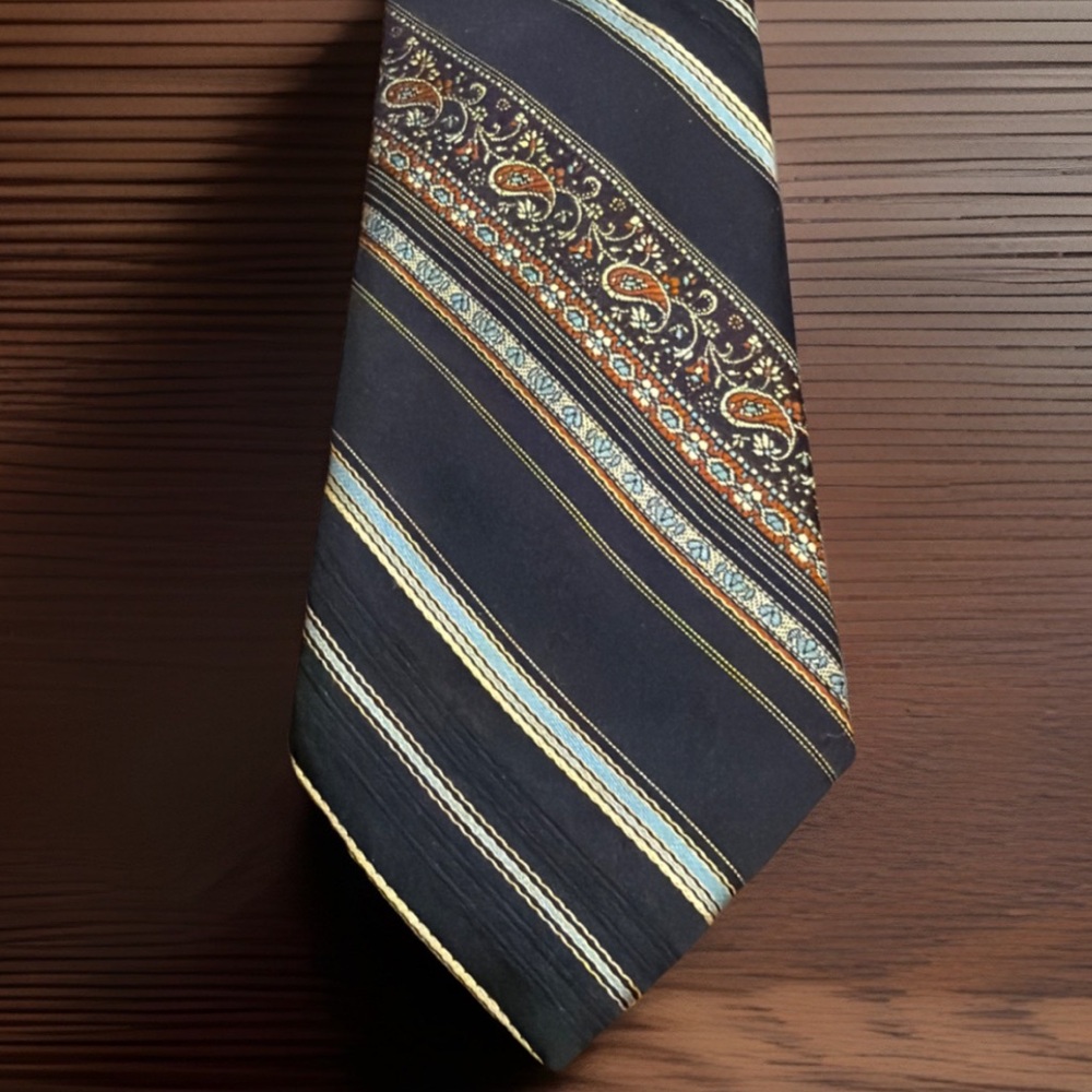 Esquire Cravats Striped Floral Tie Navy Brown Ivory Gold Rust Vintage Necktie